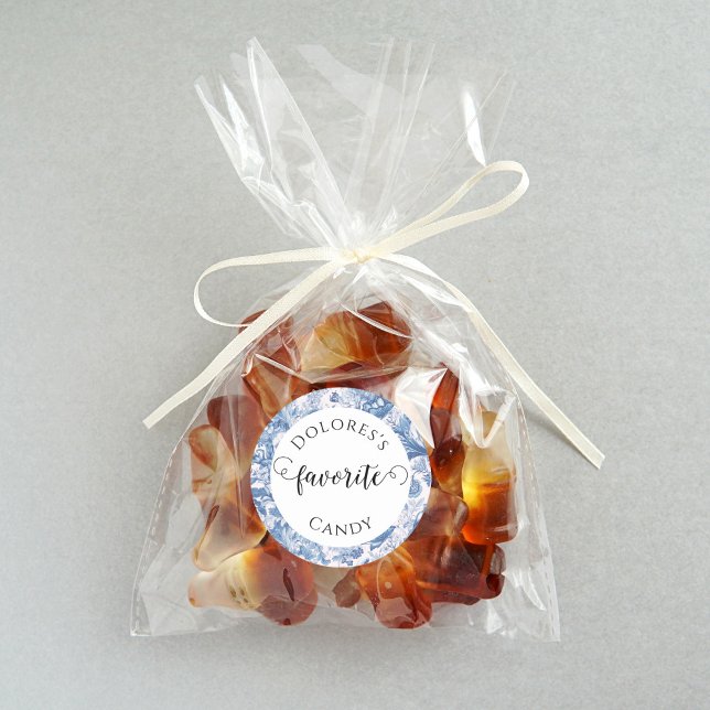 French Blue Toile Custom Favourite Candy  Classic Round Sticker (Create custom party favors with your favorite candy!)