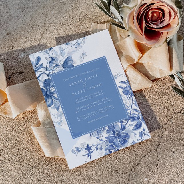 French Blue Toile Floral Foil Wedding Invitation (Creator Uploaded)