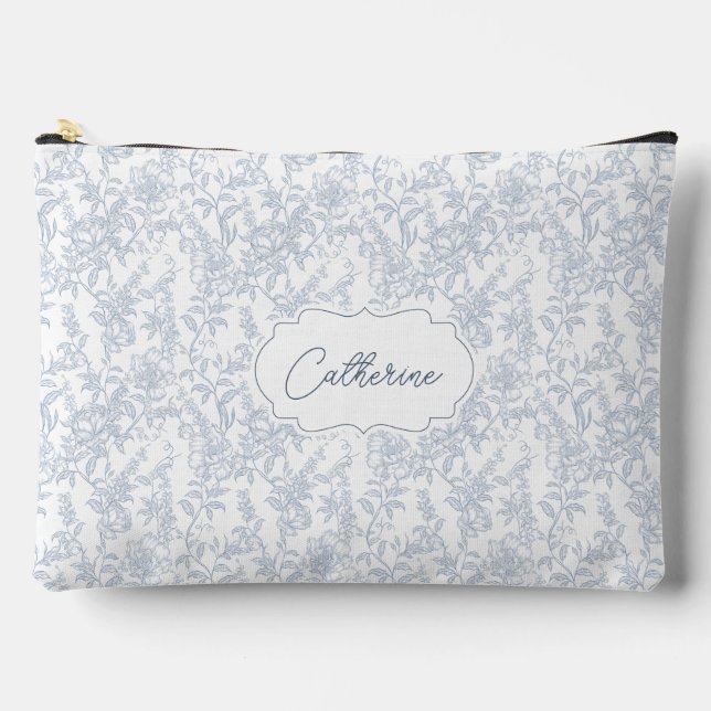 French Blue Toile Floral Lace Personalised Accessory Pouch (Front)