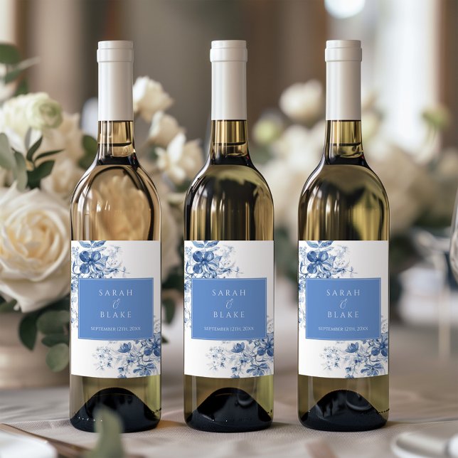 French Blue Toile Floral Wedding Wine Bottle Label (Creator Uploaded)