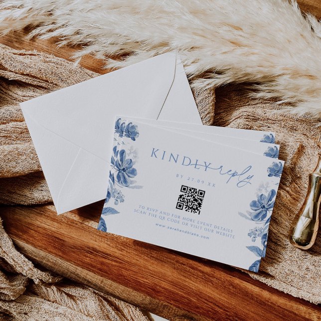 French Blue Toile Reply Card With QR Code (Creator Uploaded)