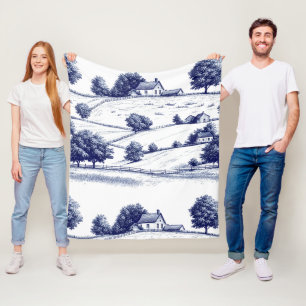 French Blue Toile Vintage Pastoral Architecture Fleece Blanket