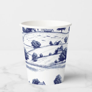 French Blue Toile Vintage Pastoral Architecture Paper Cups