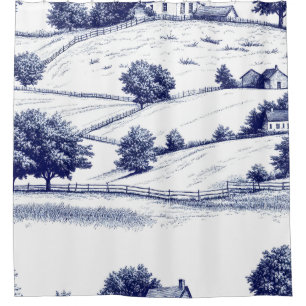 French Blue Toile Vintage Pastoral Architecture Shower Curtain