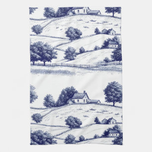 French Blue Toile Vintage Pastoral Architecture Tea Towel