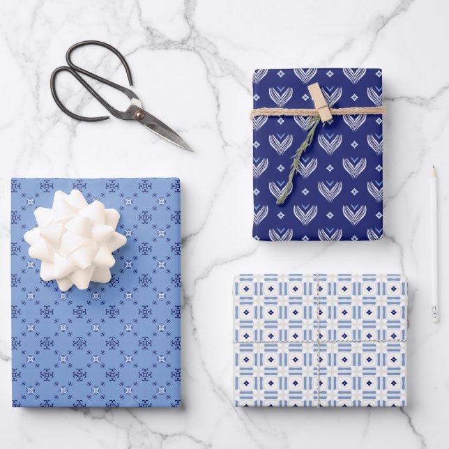 French Blue Trio 1 Geometric Set of Wrapping Paper (Front)