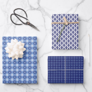 French Blue Trio 4 Geometric Set of Wrapping Paper