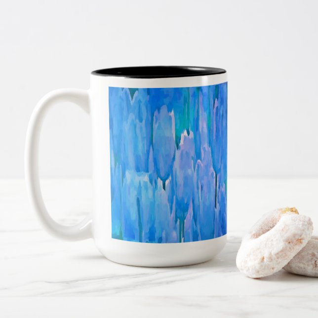 French Blue Tulips Abstract Floral Pattern Two-Tone Coffee Mug (With Donut)