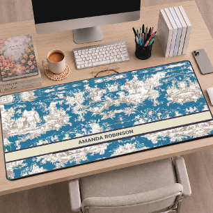 French Blue Turquoise Toile de Jouy Monogram Desk Mat