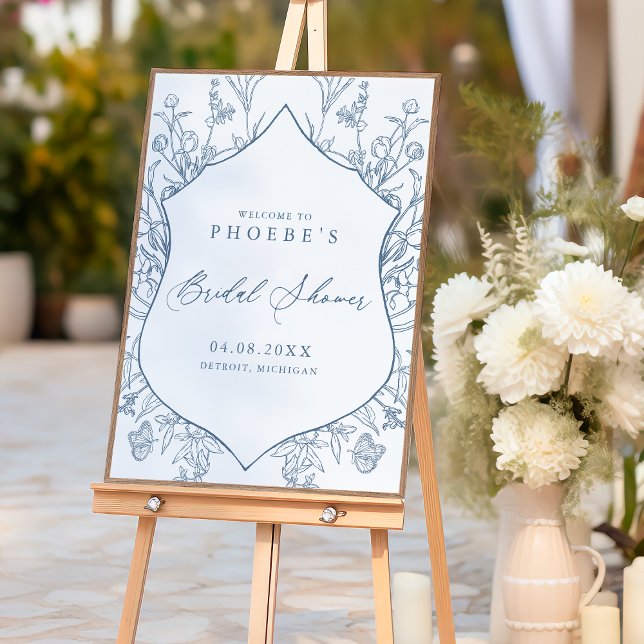 French Blue Victorian Floral Bridal Shower Welcome Poster (Creator Uploaded)