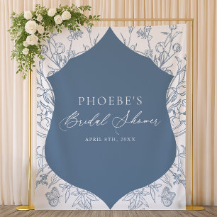 French Blue Victorian Floral Crest Bridal Backdrop Tapestry