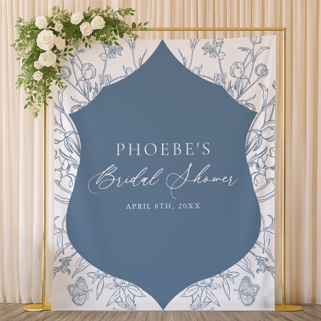 French Blue Victorian Floral Crest Bridal Backdrop Tapestry (Creator Uploaded)