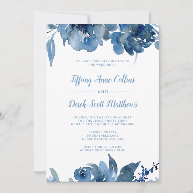 French Blue Watercolor Floral Wedding Invitation (Front)