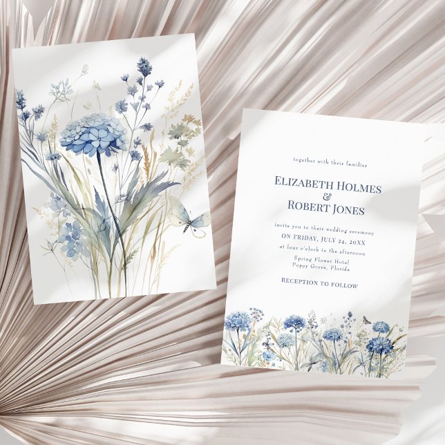 French Blue Watercolor Garden Wildflowers Wedding Invitation (French Blue Watercolor Garden Wildflowers Wedding Invitation on a dry palm leaf.)