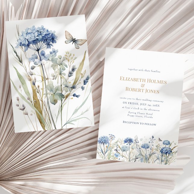 French Blue Watercolor Garden Wildflowers Wedding Invitation (French Blue Watercolor Garden Wildflowers Wedding Invitation on a sunny boho neutral dry palm leaf.)