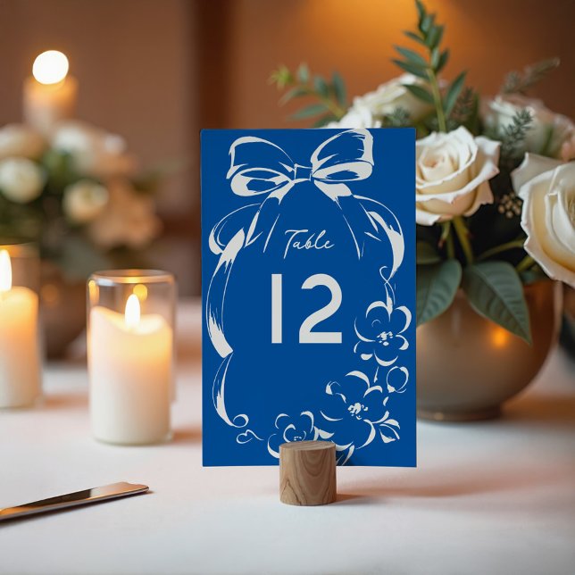 French Blue Whimsical Bow and Floral Frame Wedding Table Number (Creator Uploaded)
