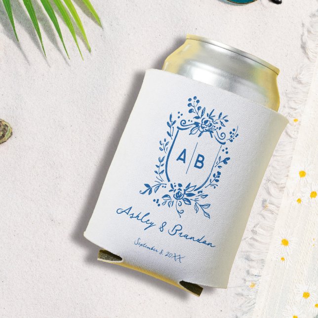 French Blue Whimsical Monogram Crest Wedding Can Cooler (Creator Uploaded)