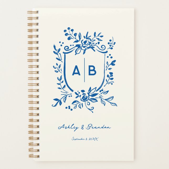 French Blue Whimsical Monogram Crest Wedding Planner (Front)