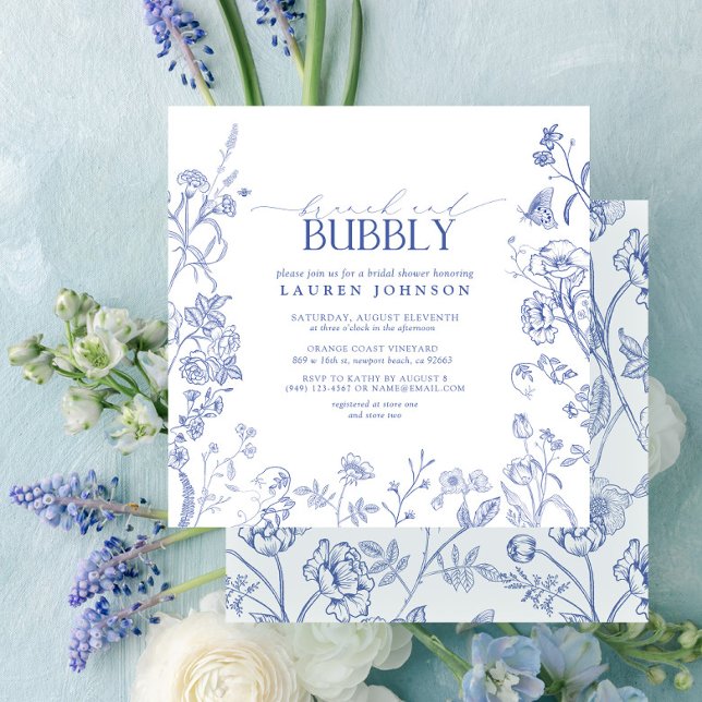 French Blue & White Floral Brunch & Bubbly Shower Invitation (Creator Uploaded)