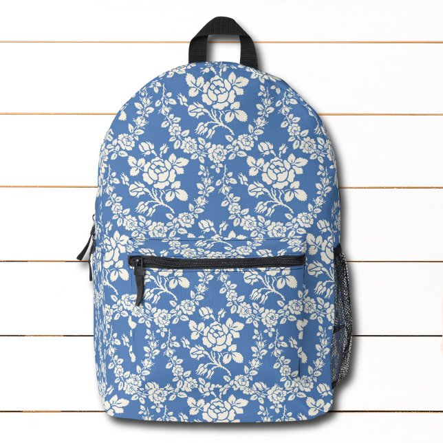 French Blue White Floral Pattern Botanical Chic Printed Backpack (Creator Uploaded)