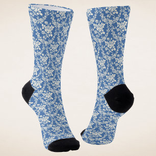 French Blue White Floral Pattern Botanical Chic Socks