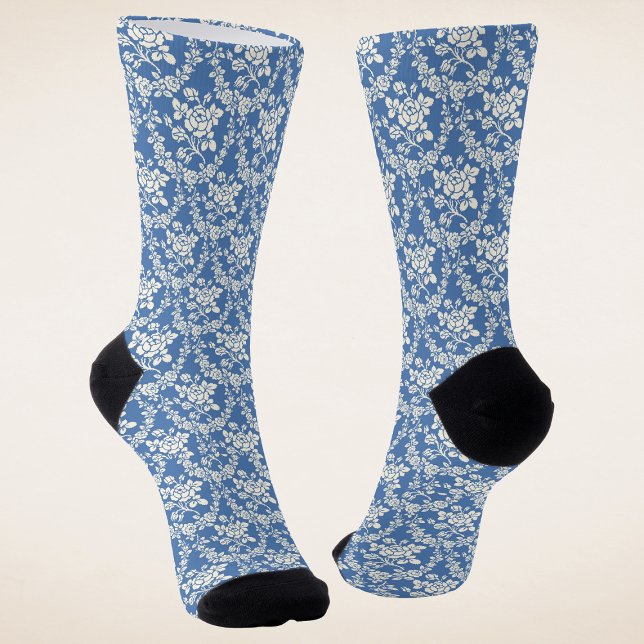 French Blue White Floral Pattern Botanical Chic Socks (Creator Uploaded)