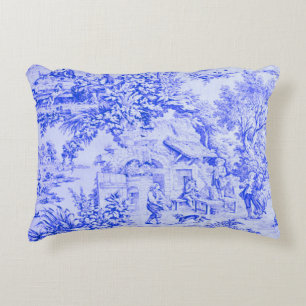French Blue White Toile Chinoiserie Rustic Style  Decorative Cushion