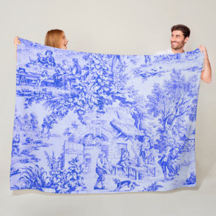 French Blue White Toile Chinoiserie Rustic Style Fleece Blanket
