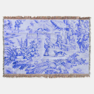 French Blue White Toile Chinoiserie Rustic Style  Throw Blanket