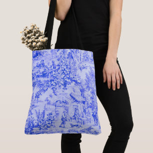French Blue White Toile Chinoiserie Rustic Style Tote Bag