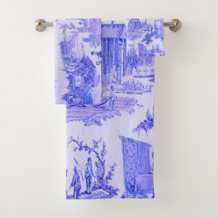 French Blue White Toile Chinoiserie Style Rustic Bath Towel Set