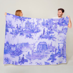 French Blue White Toile Chinoiserie Style Rustic Fleece Blanket