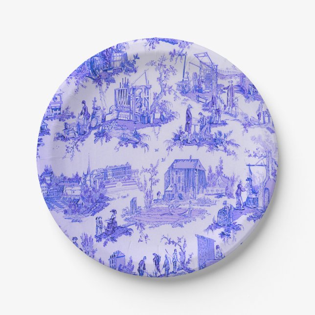 French Blue White Toile Chinoiserie Style Rustic  Paper Plate (Front)