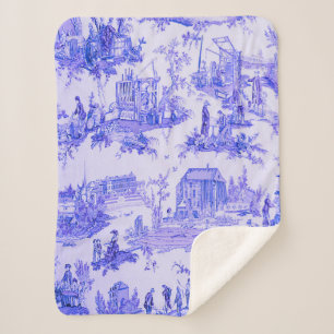 French Blue White Toile Chinoiserie Style Rustic  Sherpa Blanket