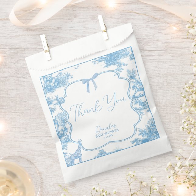 French Blue White Toile de Jouy Bear Baby Shower Favour Bag (Clipped)