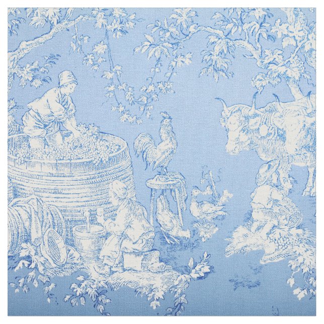 French Blue & White Toile Print Fabric  (Close Up)