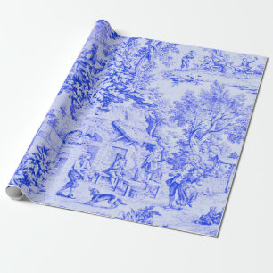 French Blue White Toile Rustic Style Decoupage Wrapping Paper