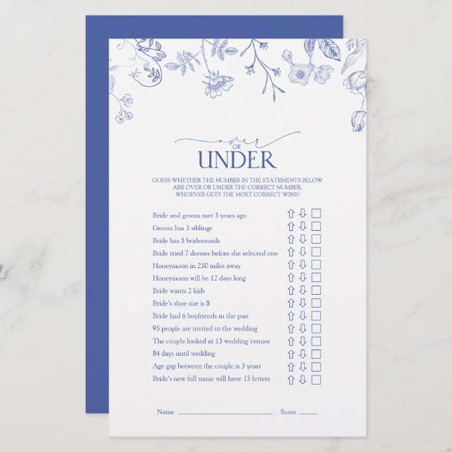 French Blue & White Victorian Bridal Shower Game (Front/Back)