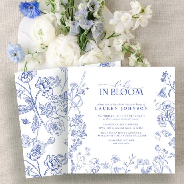French Blue & White Victorian Floral Baby In Bloom Invitation (Creator Uploaded)