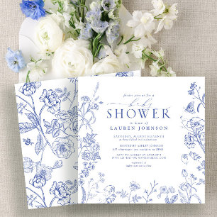 French Blue & White Victorian Floral Baby Shower Invitation