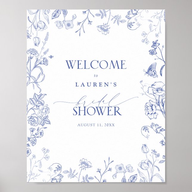 French Blue & White Victorian Shower Welcome Poster (Front)