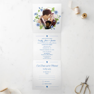 French Blue Wildflower Floral Wreath Wedding Tri-Fold Invitation