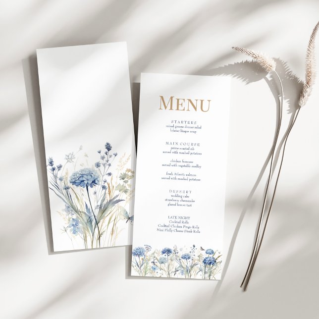French Blue Wildflower Meadow Wedding Menu Card (French Blue Wildflower Meadow Wedding Menu Card on a sunny white table with dry botanical.)