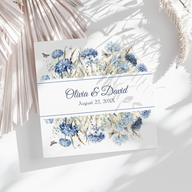 French Blue Wildflower Meadow Wedding Napkins (French Blue Wildflower Meadow Wedding Napkins on a sunny white boho wedding table.)