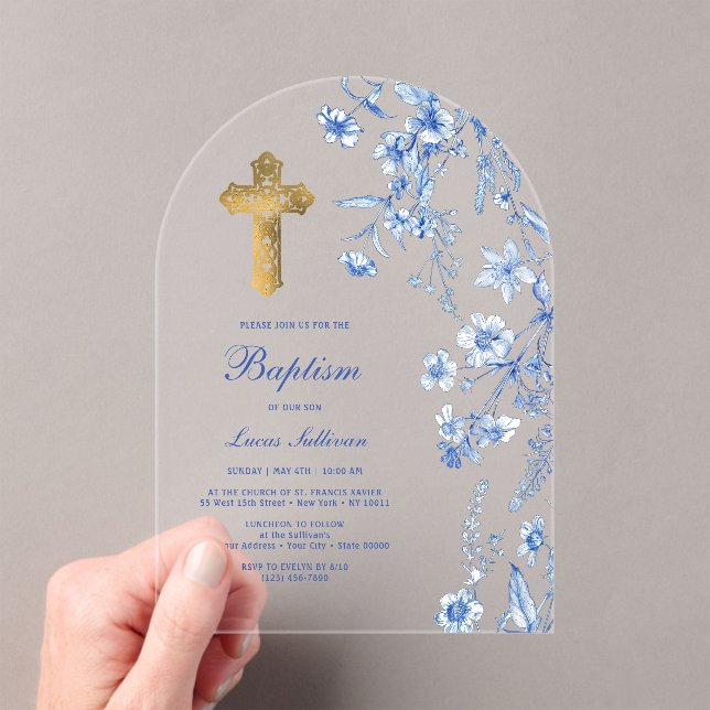 French Blue Wildflowers Arch Baptism Acrylic Invitations (Insitu (Handheld))