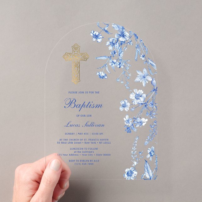 French Blue Wildflowers Arch Baptism Acrylic Invitations (Insitu (Handheld))