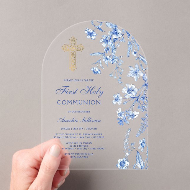 French Blue Wildflowers Arch First Communion Acrylic Invitations (Insitu (Handheld))