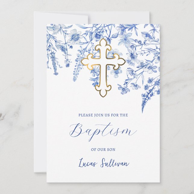 French Blue Wildflowers Baptism Invitation (Front)