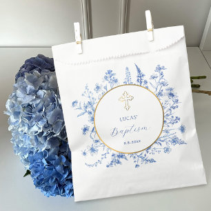 French Blue Wildflowers Gold Circle Baptism Favour Bag