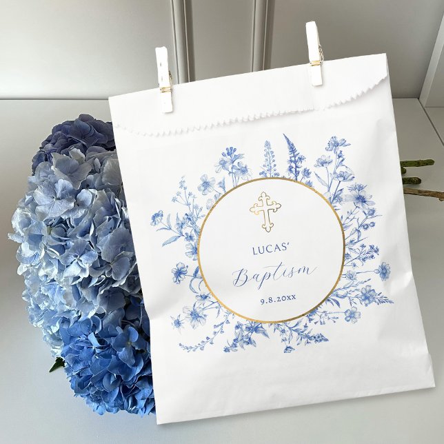 French Blue Wildflowers Gold Circle Baptism Favour Bag (Creator Uploaded)